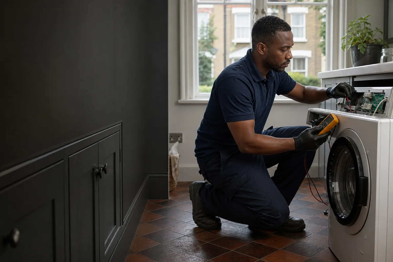 Appliance engineer working inside a London home
