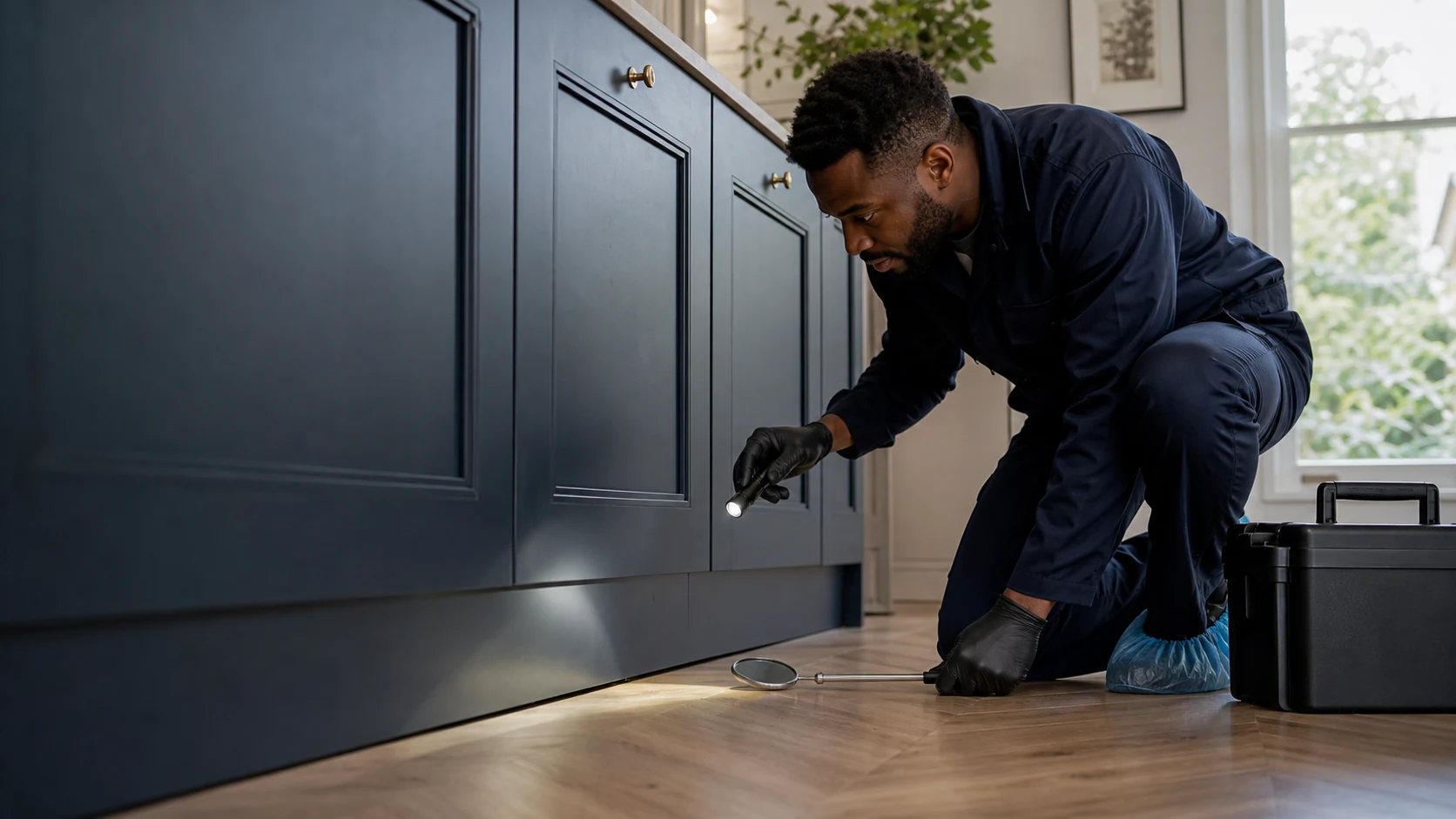 Pest-control professional inspecting a London home