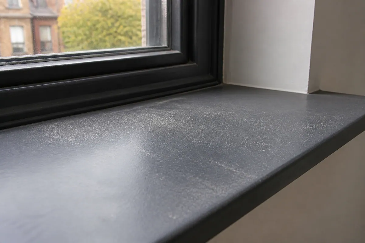 A fine layer of renovation dust on an internal window ledge
