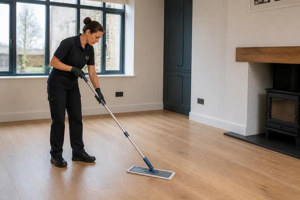 Illustrative renovation scene for floor replacement and decoration; not a customer project