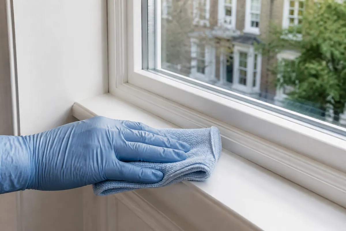 Gloved cleaner wiping an accessible internal window frame