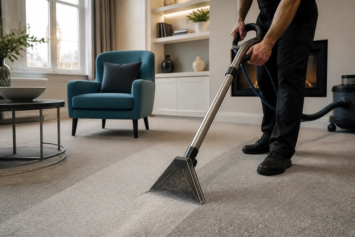 Illustrative professional carpet cleaning in a modern living room
