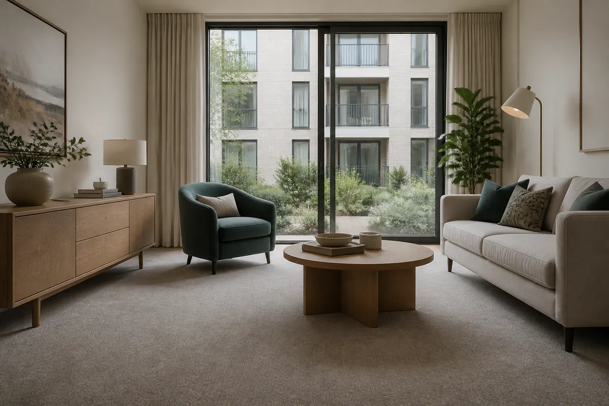 Illustrative carpeted London apartment interior