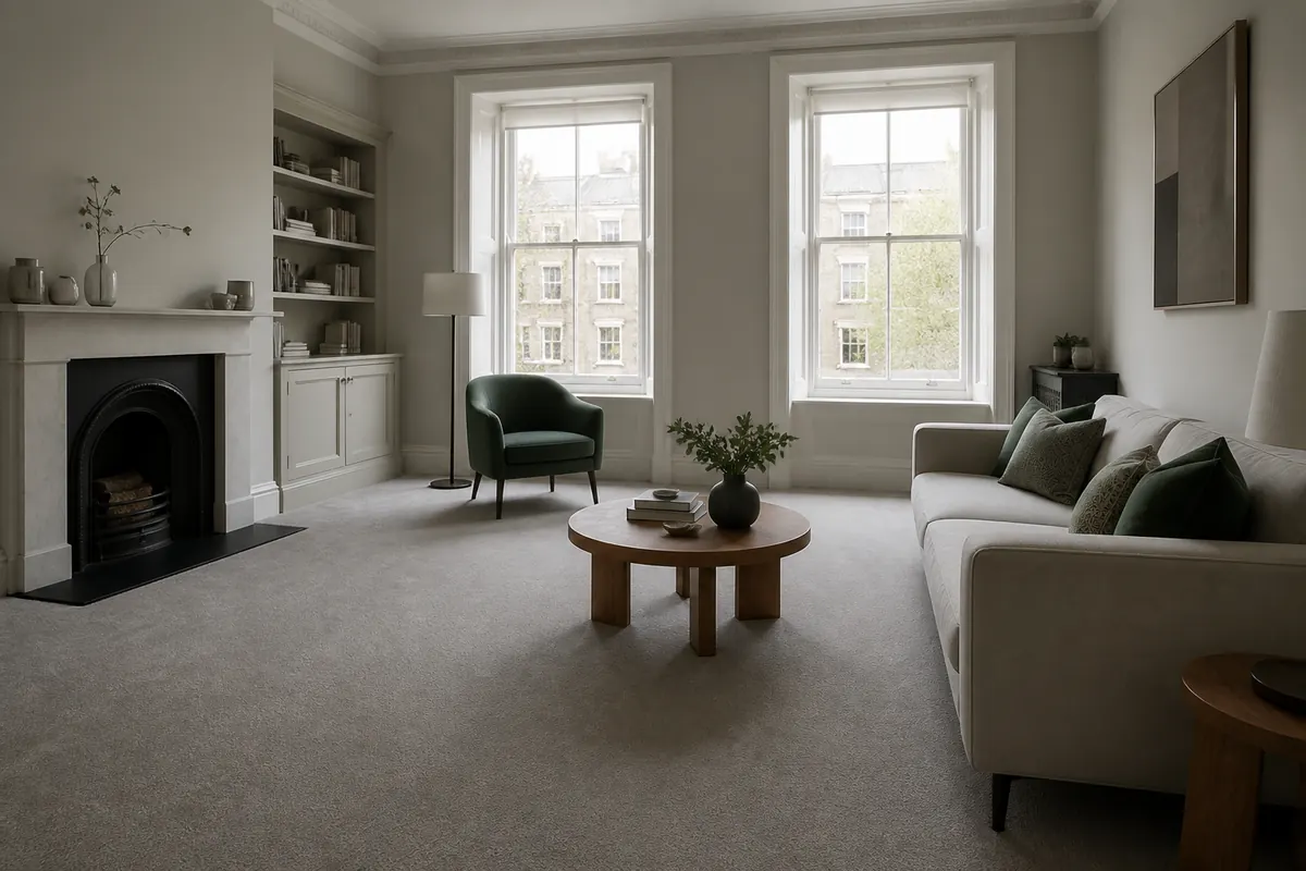 Illustrative period apartment with fitted carpet and tall windows