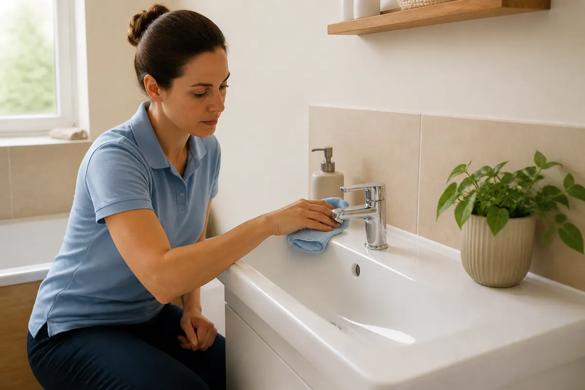 Illustrative bathroom domestic cleaning scene
