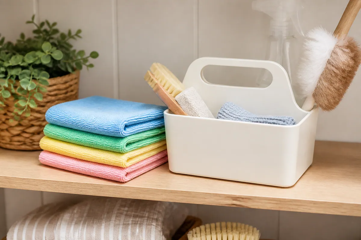 Separate folded microfibre cloths and an unbranded household cleaning caddy