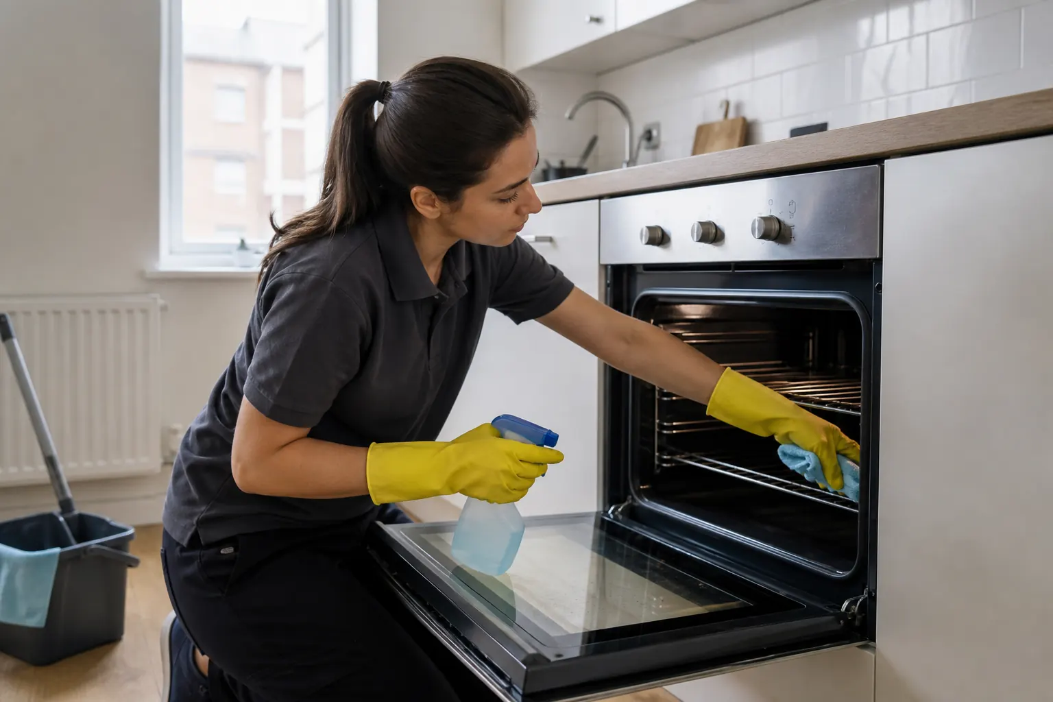 cleaner carefully cleaning the inside of an oven in Stevenage