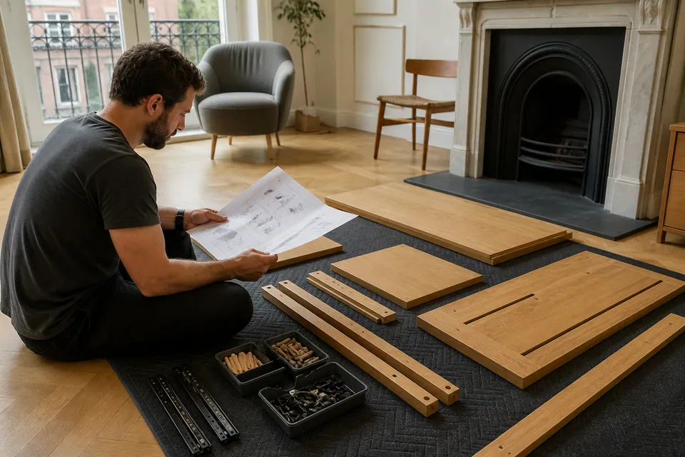 Assembler reviewing the furniture instructions