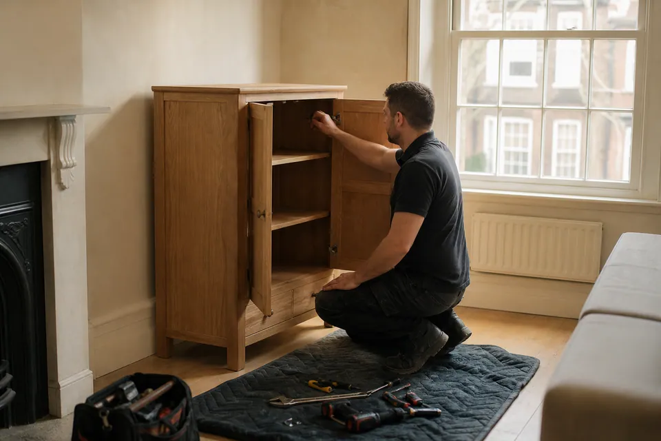 Assembler checking furniture in an apartment interior