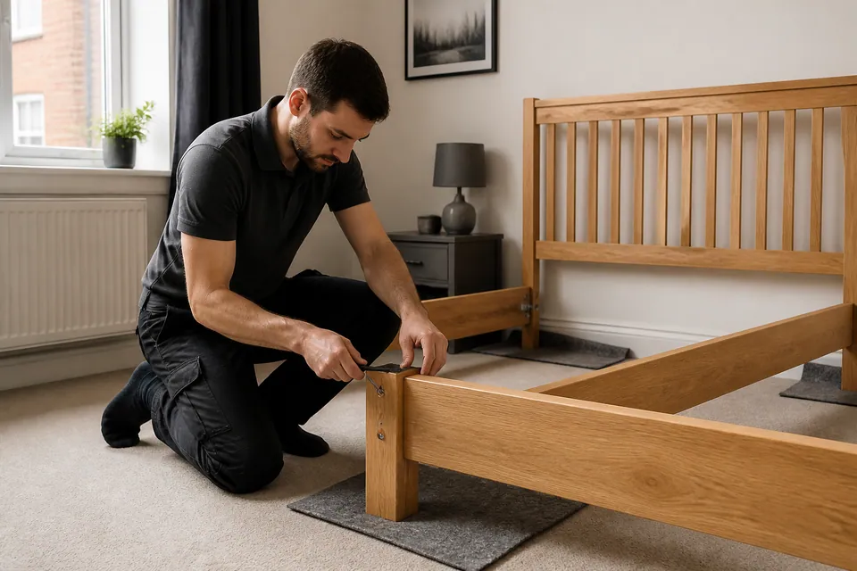 Bed frame components being assembled in a bedroom