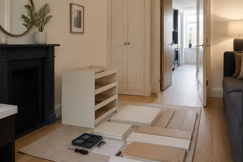 Furniture assembly in a compact room with a clear working area