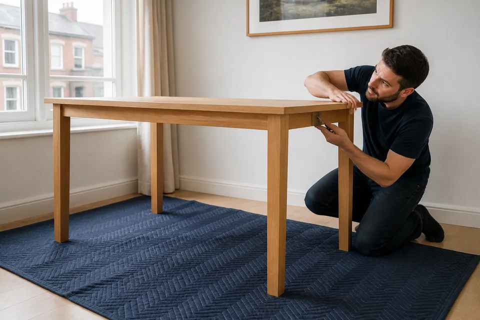 Assembler checking a desk frame connection