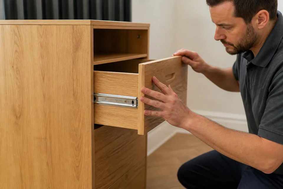 Checking the travel of a drawer on its metal runners