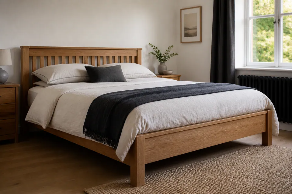 Completed bed frame in a furnished bedroom