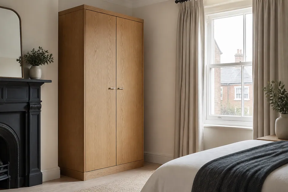 Completed freestanding oak wardrobe with aligned doors