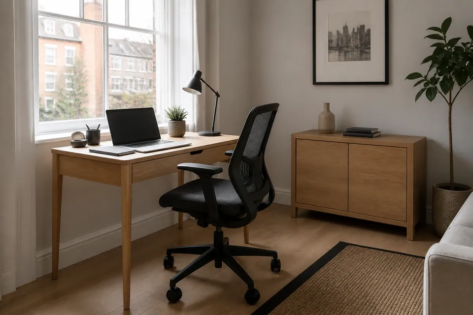 Desk and storage furniture arranged in a home office