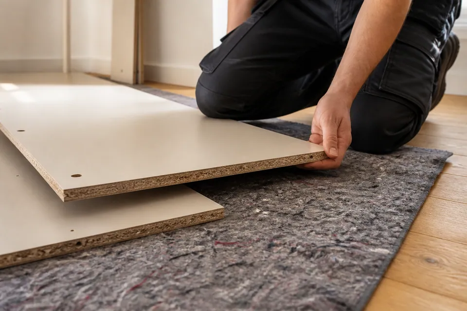 Furniture assembly on a protected floor area