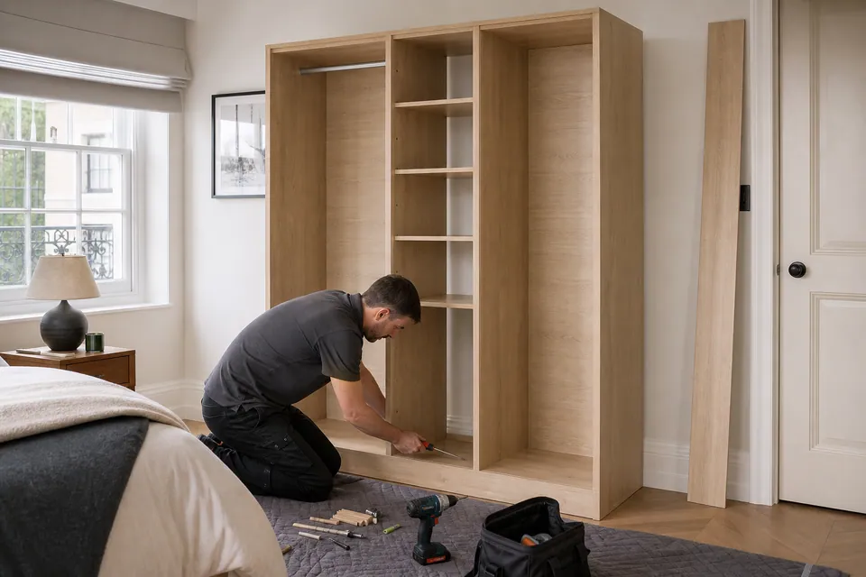 Assembler working on a partially assembled freestanding wardrobe
