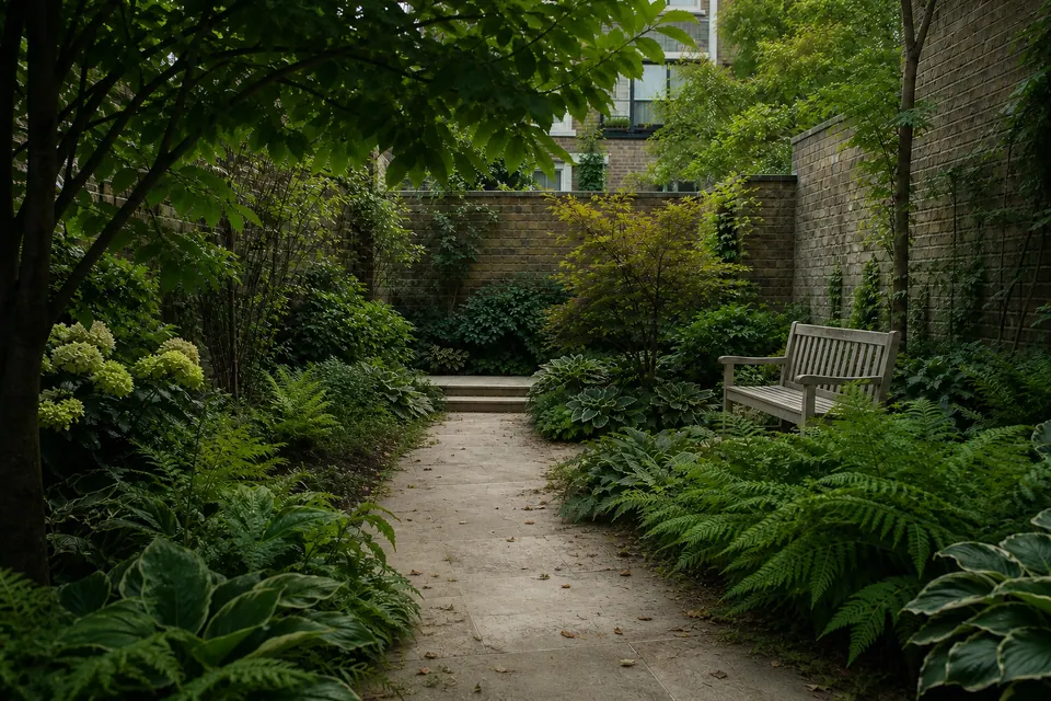 Illustrative before view of the same brick-walled courtyard