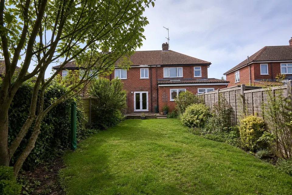 Illustrative rear garden with lawn and planted areas
