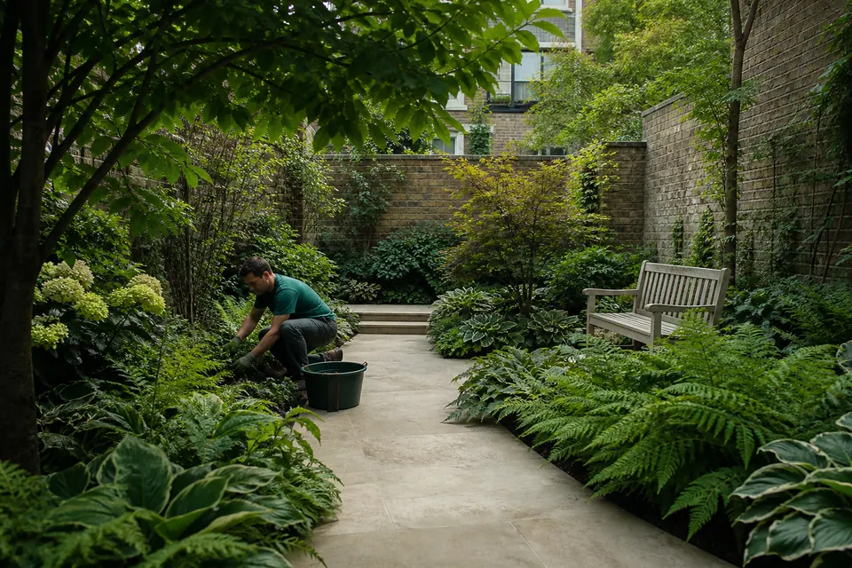 Illustrative garden work view of the same brick-walled courtyard
