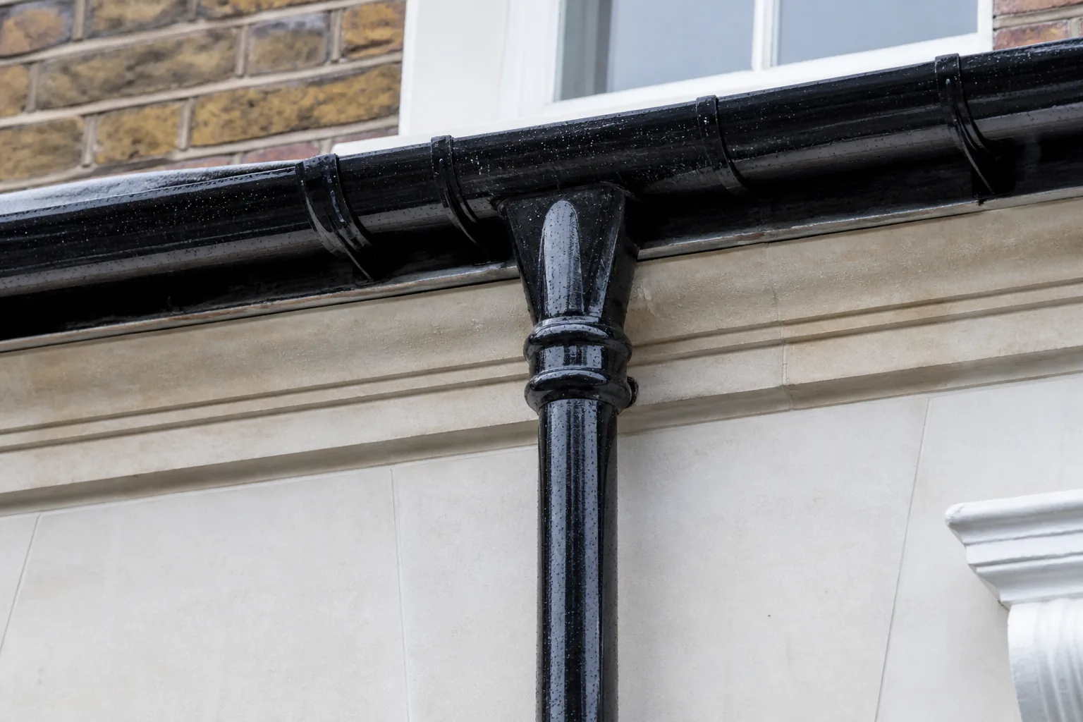 Clear gutter outlet connected to a black downpipe