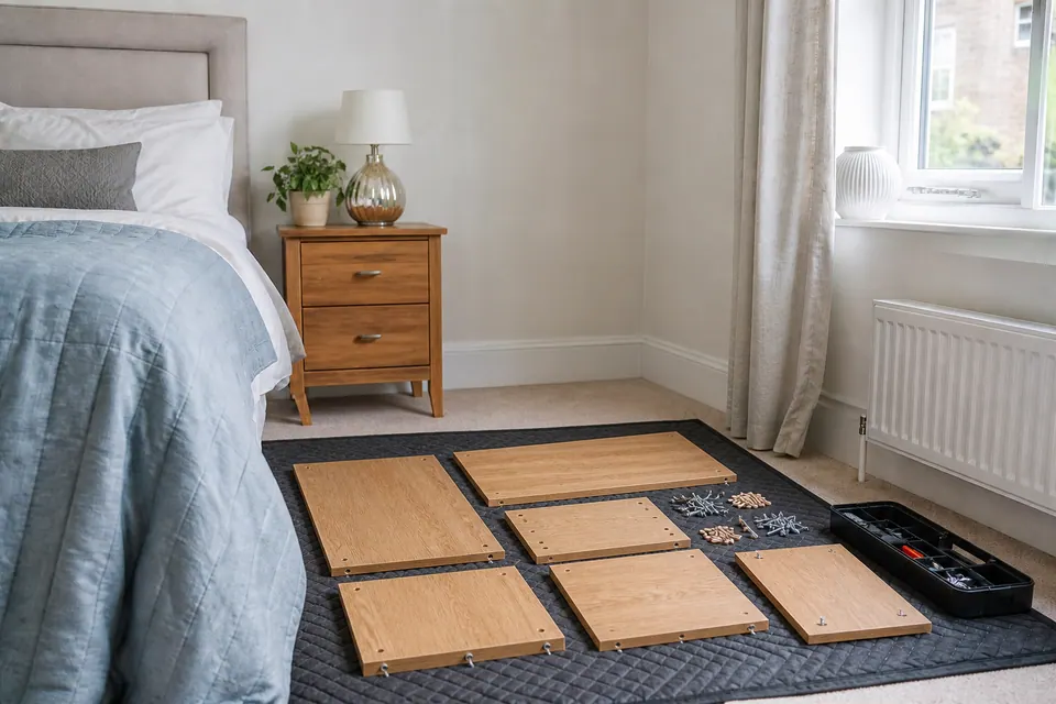Illustrative unassembled oak cabinet parts in a bedroom