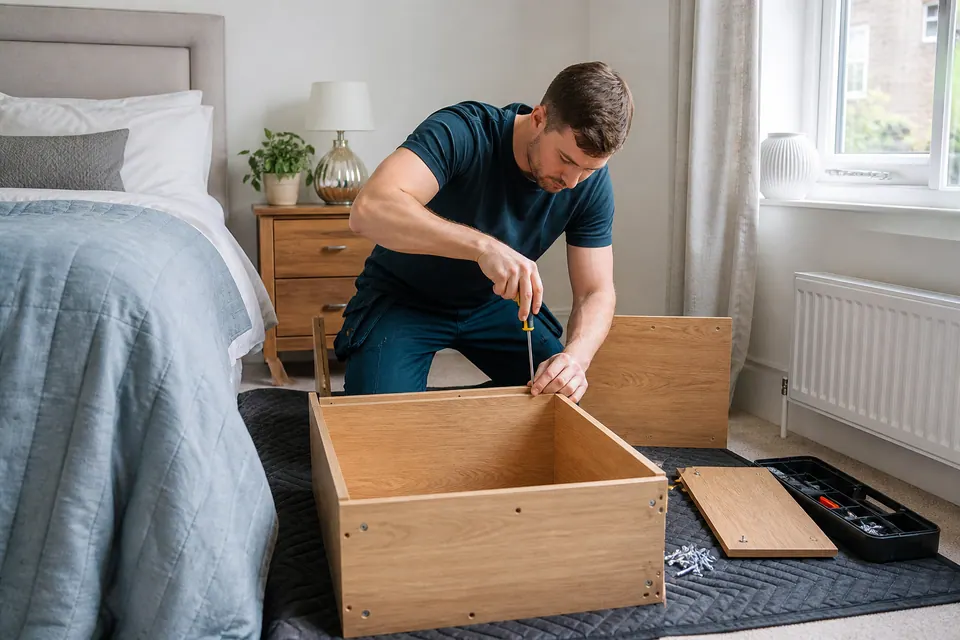 Illustrative handyman assembling an oak cabinet