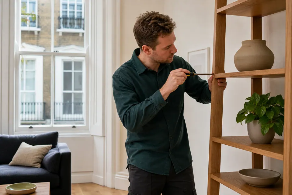 Illustrative handyman adjusting oak shelving in a London-style flat