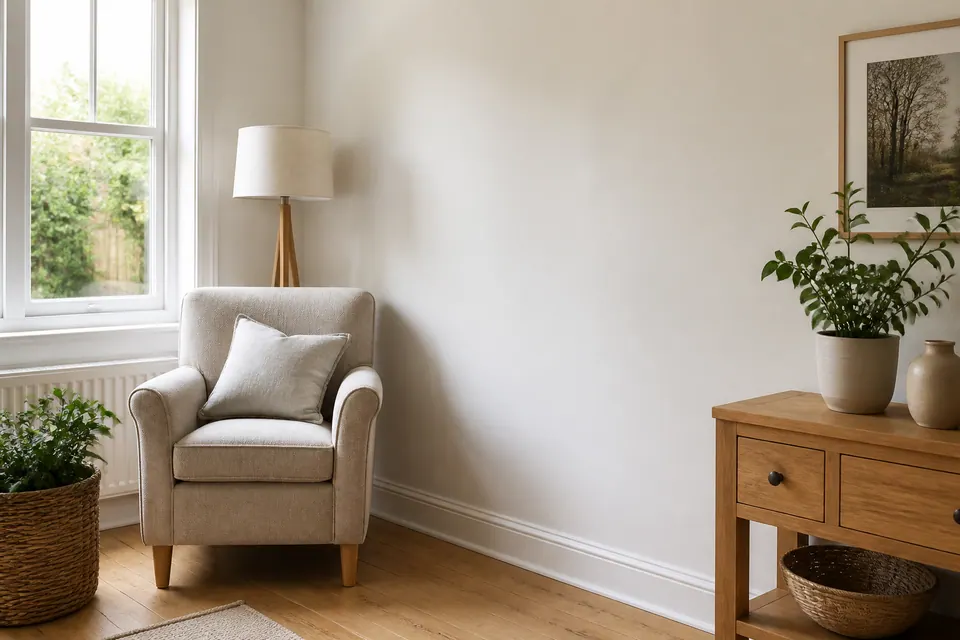 Illustrative clean interior with pale walls and an armchair