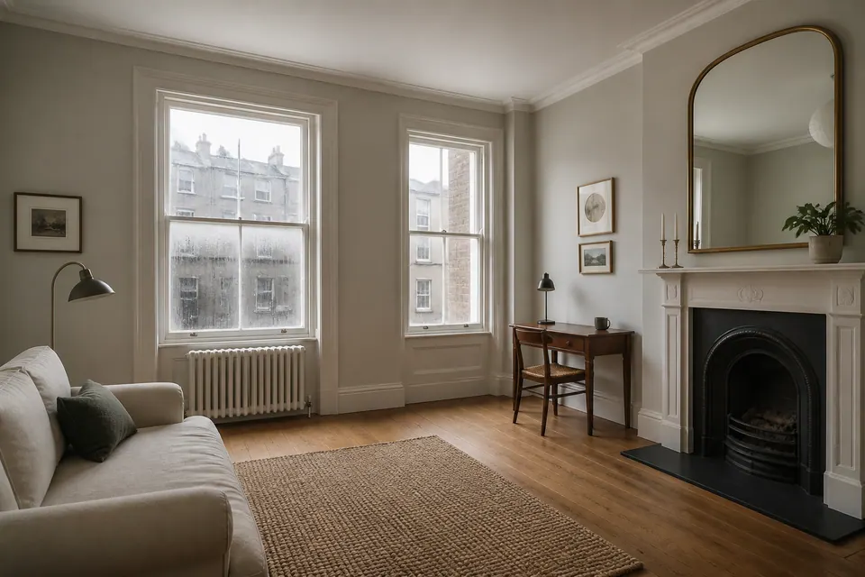 Illustrative sitting room with timber sash windows
