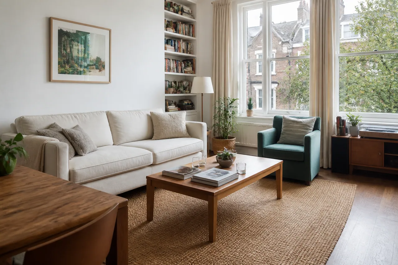 Illustrative calm finished living space with cream sofa and teal chair