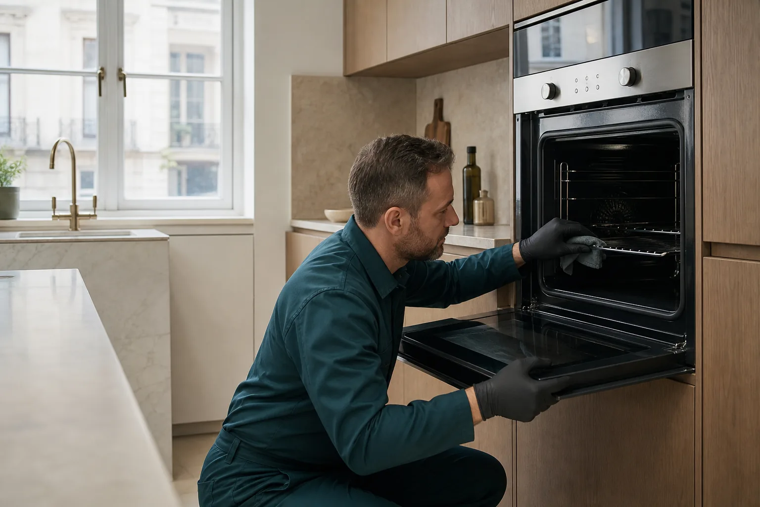 Professional inspecting a built-in oven in a Ruislip apartment kitchen