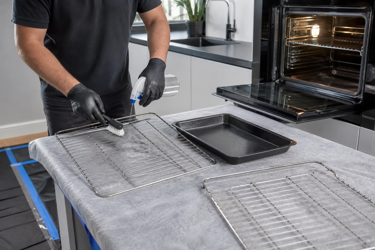 Removable cooker shelves handled on a protected cleaning station
