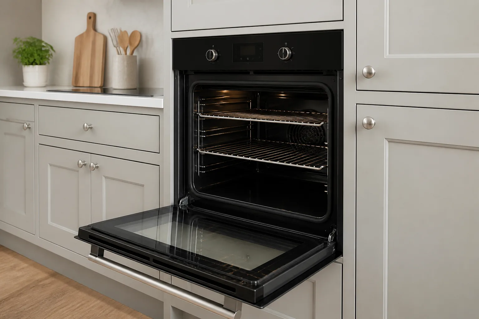 Professional inspecting a built-in oven in a Crouch End apartment kitchen