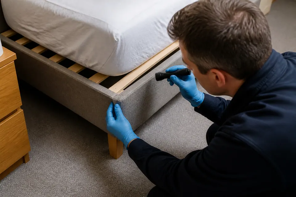 Illustrative examination of a bed frame for physical signs