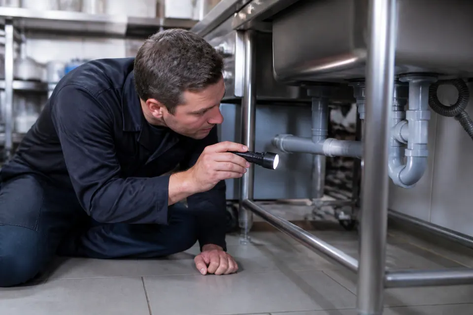Illustrative technician inspecting beneath a kitchen sink