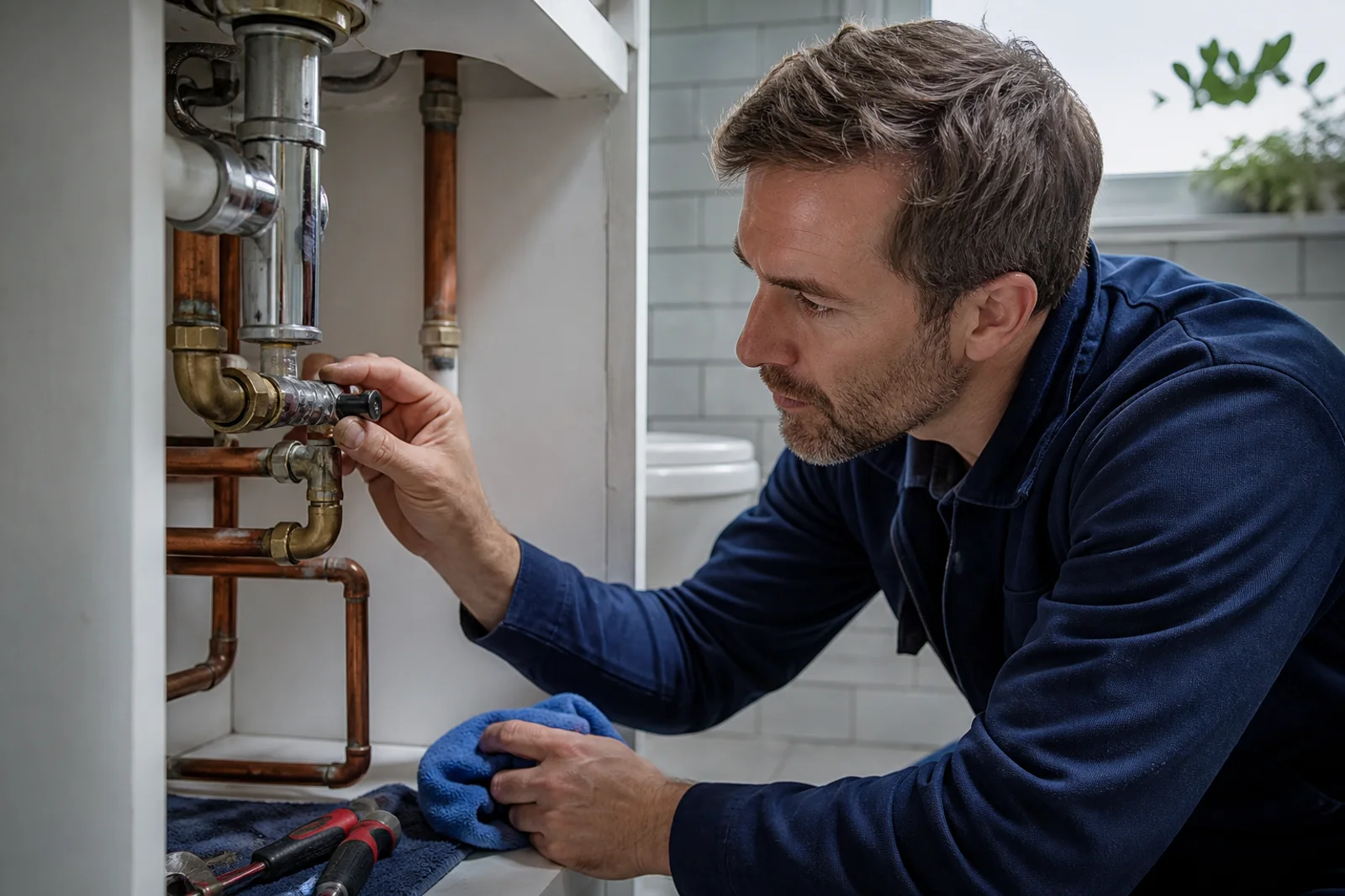 Plumber discussing a household plumbing route with a Maida Vale customer