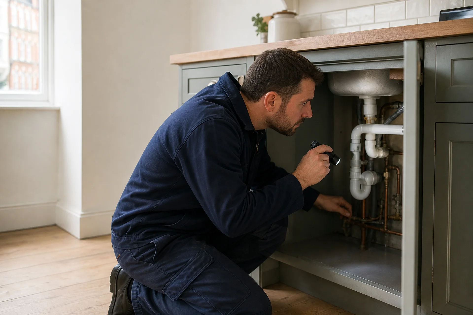 Plumber examining accessible pipework during a Crouch End appointment
