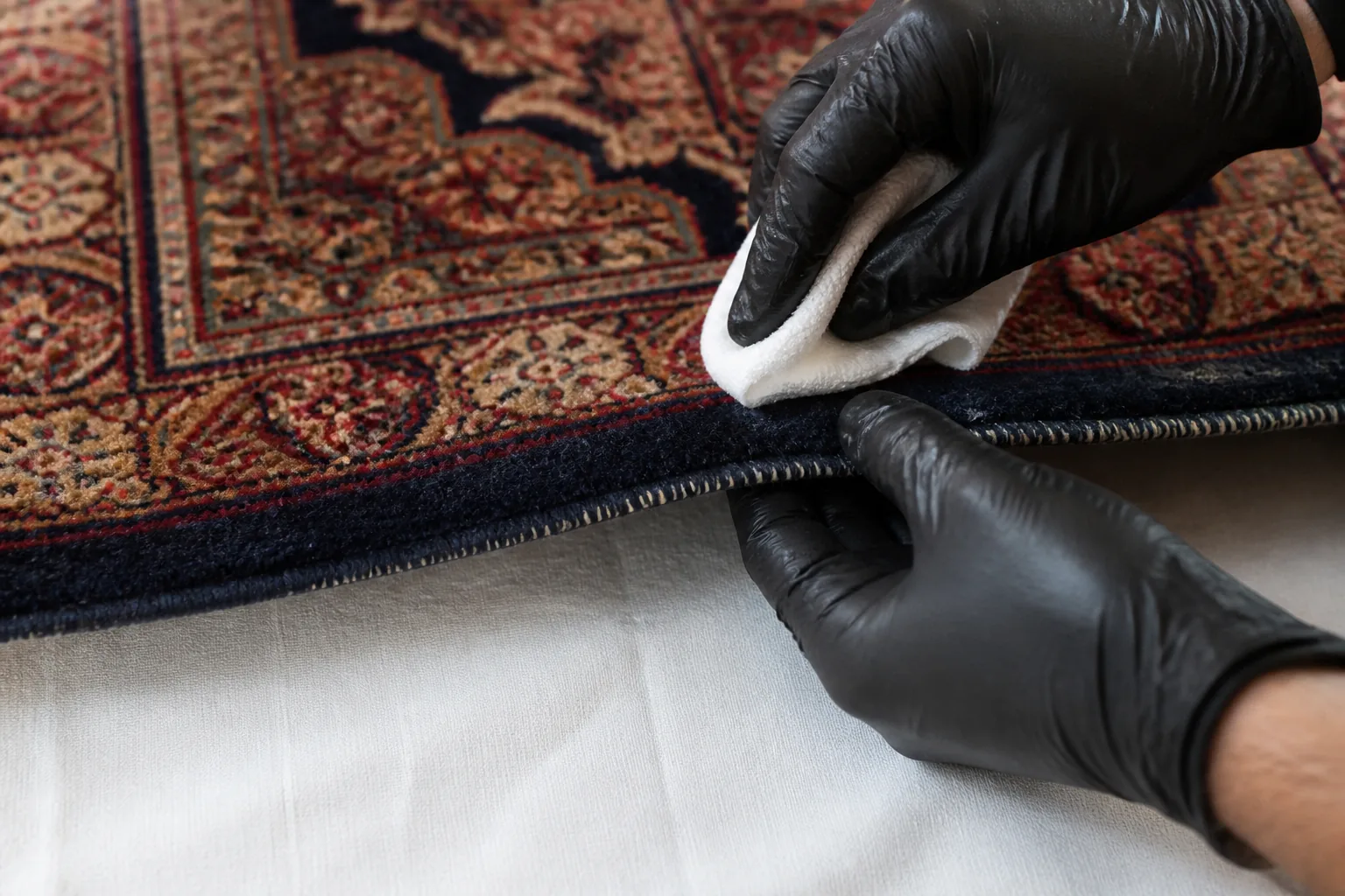 A tufted rug being examined beside a Belsize Park fireplace