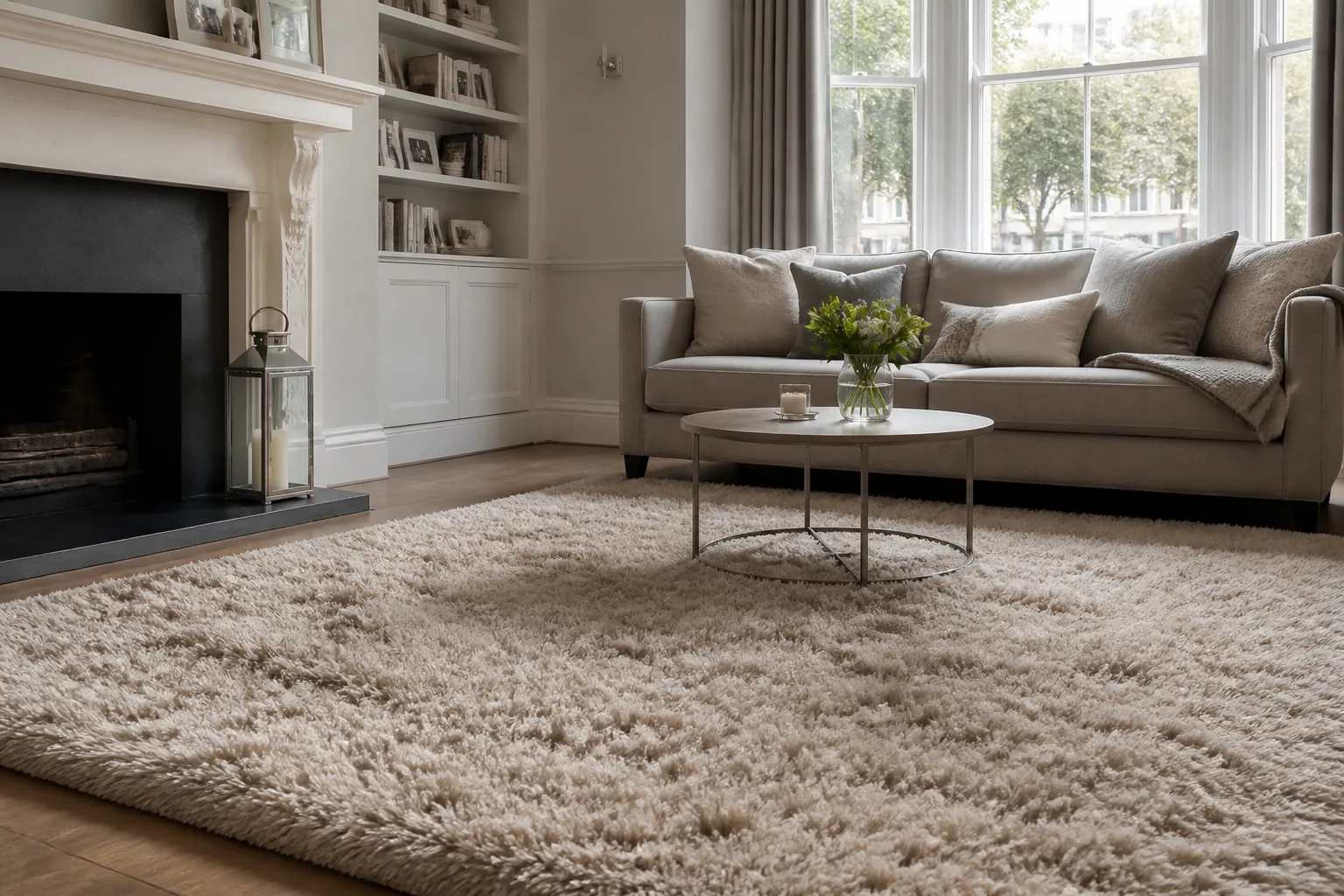 fringed living-room rug in a refined Maida Vale interior