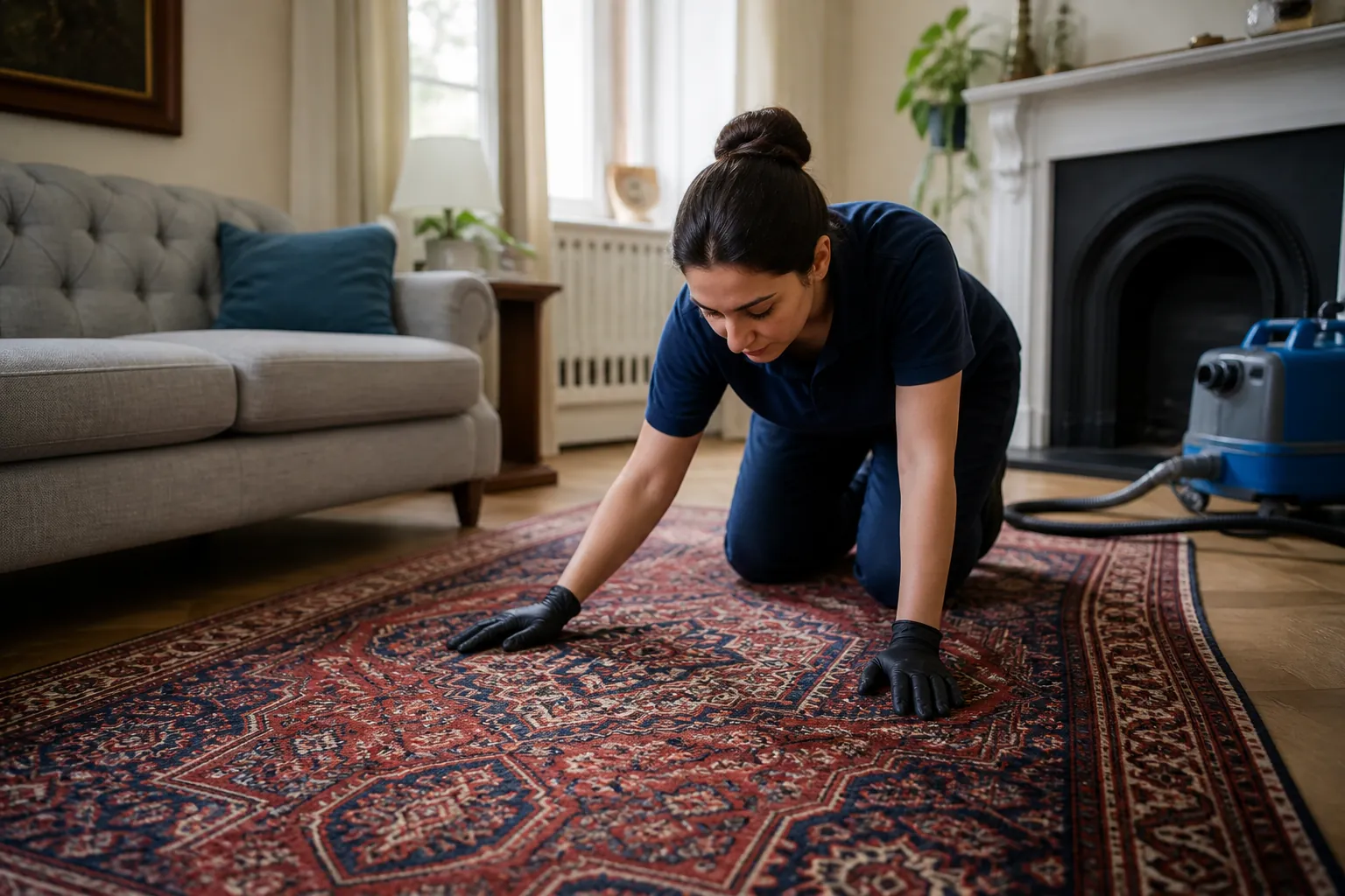examining yarn and edging on a Crouch End rug