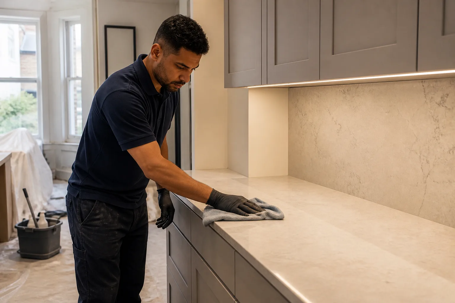 After builders cleaner detailing newly installed kitchen surfaces