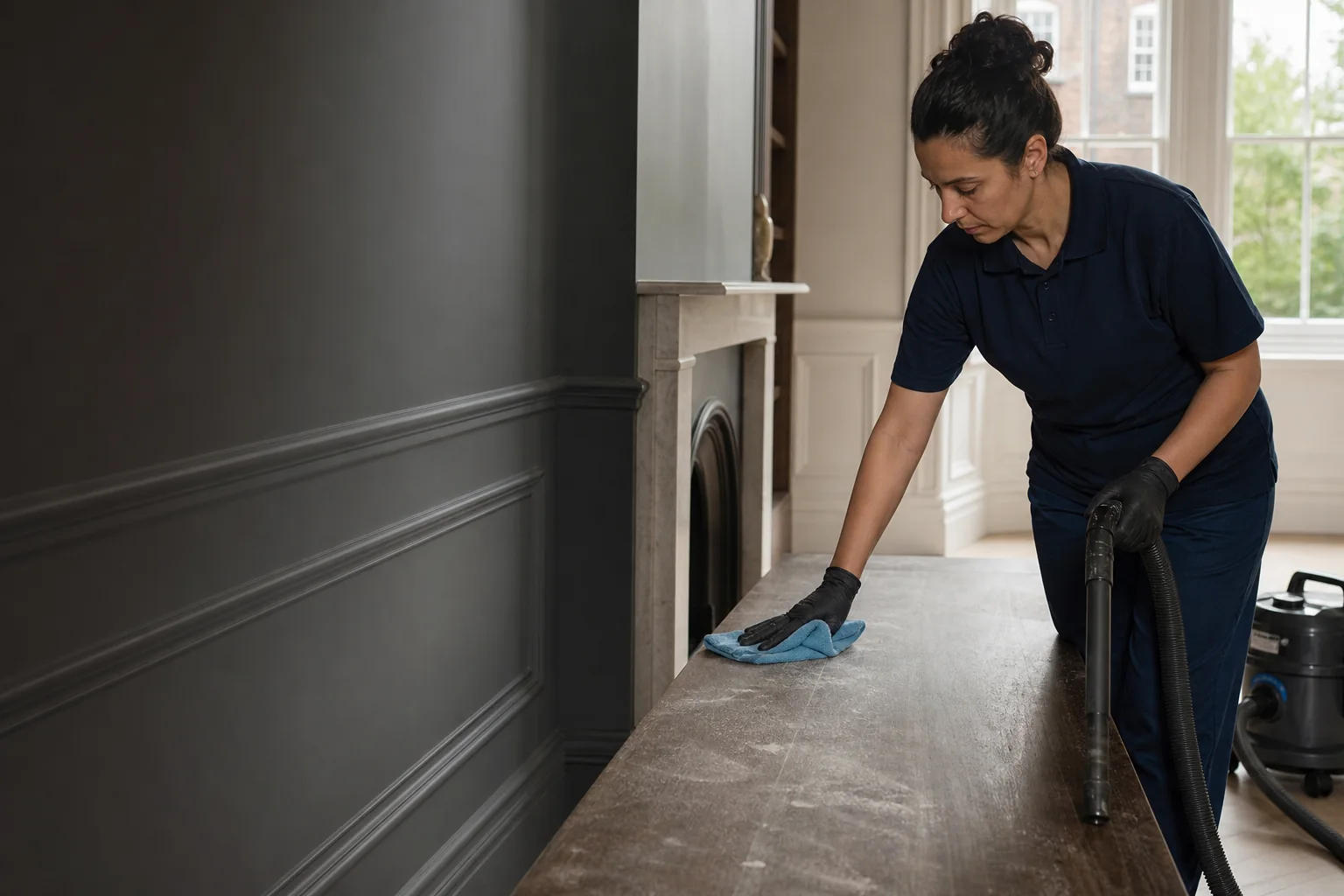 Professional cleaner carefully removing renovation dust inside a London townhouse
