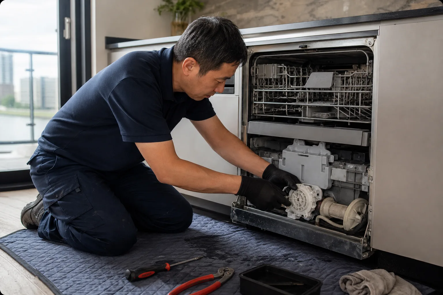Appliance engineer repairing the pump assembly of a dishwasher in a London flat