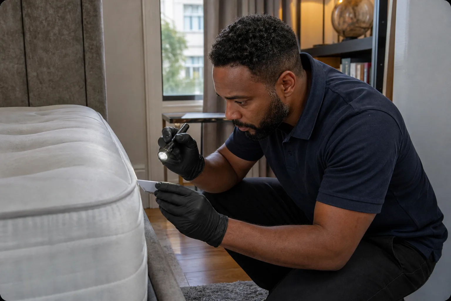 Bed bug technician inspecting mattress seams with a flashlight in a London flat