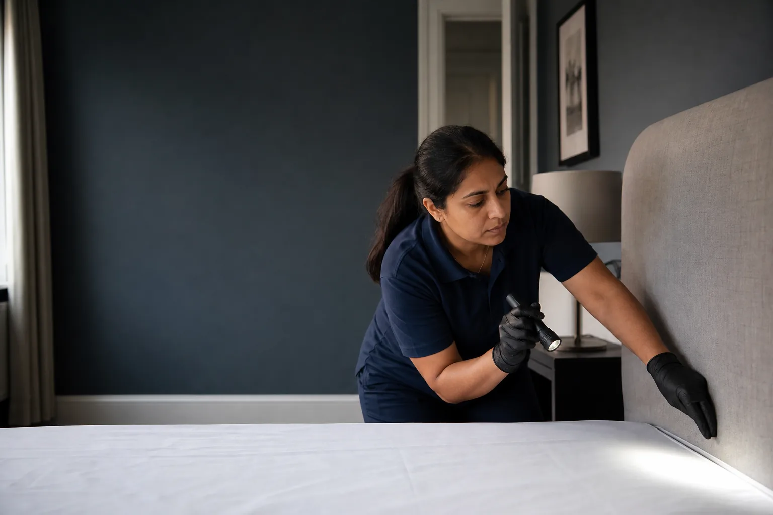 Bed bug technician inspecting a bed and headboard in a London home
