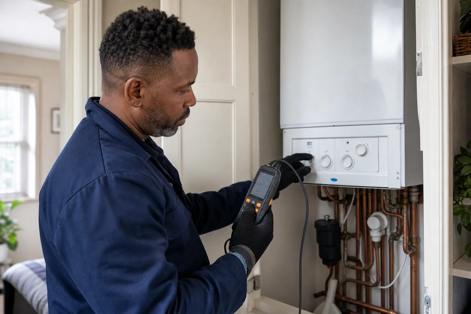 Heating engineer carrying out a diagnostic boiler inspection in a London home
