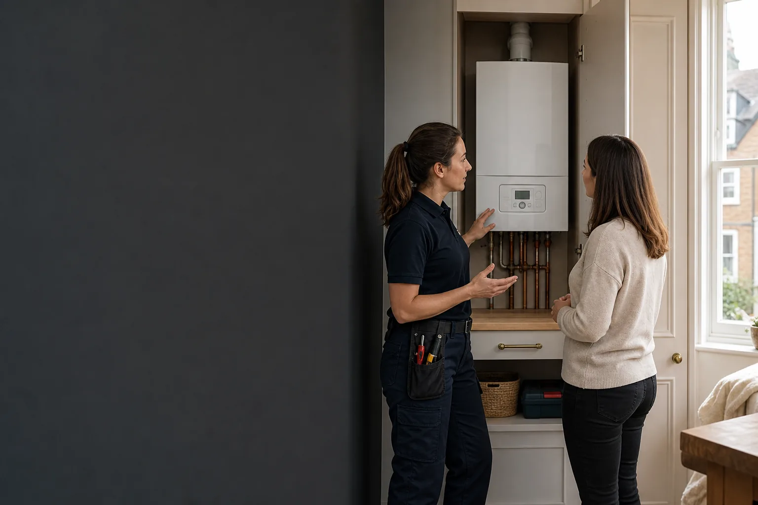 Heating engineer explaining boiler cover beside a boiler in a London townhouse