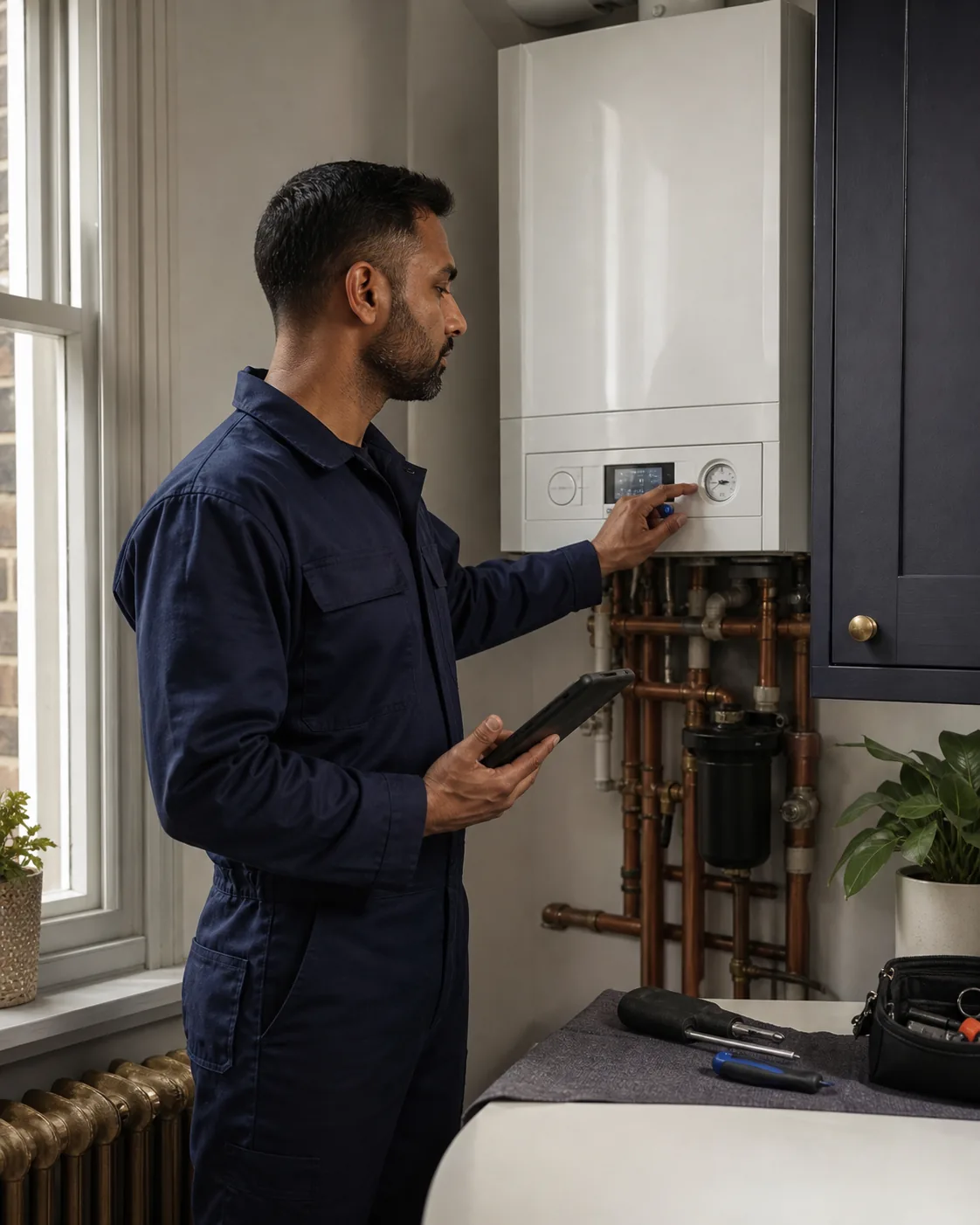 Heating engineer recording the condition of a boiler during a cover assessment